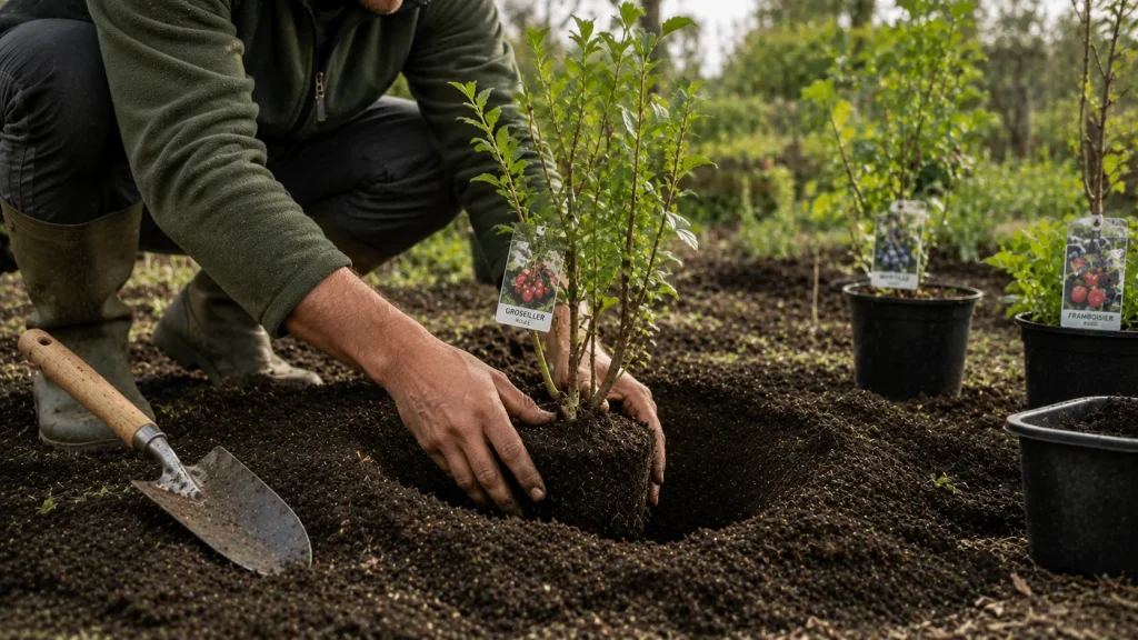 Plantation d'un arbuste fruitier au jardin en décembre