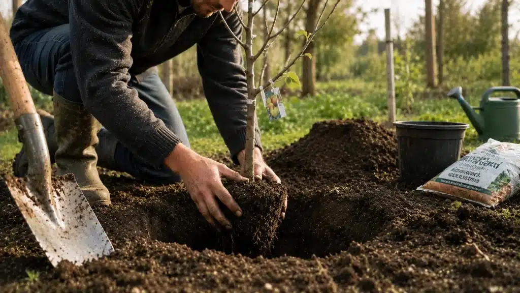 Plantation d'un jeune arbre fruitier au jardin en novembre
