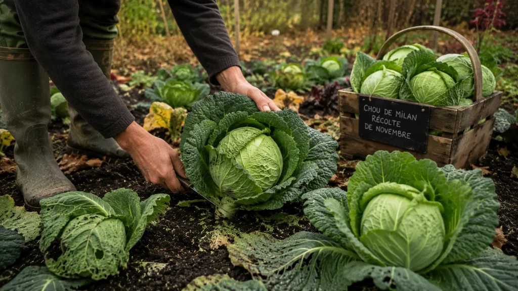 Récolte de choux au potager en décembre