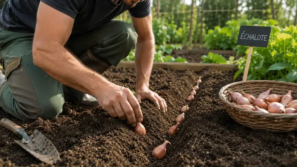Plantation d'échalotes au potager en octobre