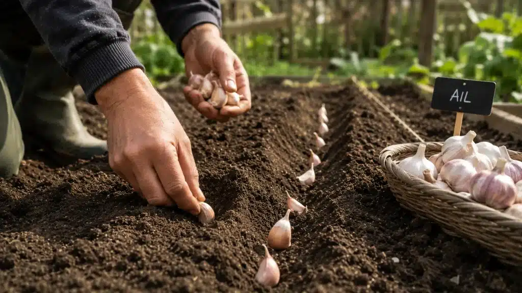Personne plantant des caïeux d'ail dans un potager