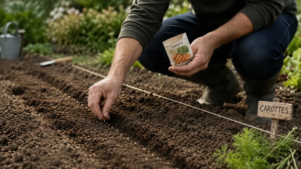 Jardinier semant des graines de carottes au potager en mars