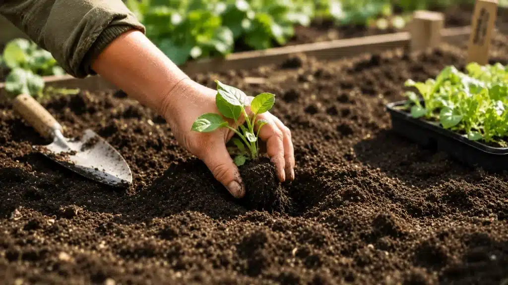 Main plantant un jeune plant dans un potager en octobre