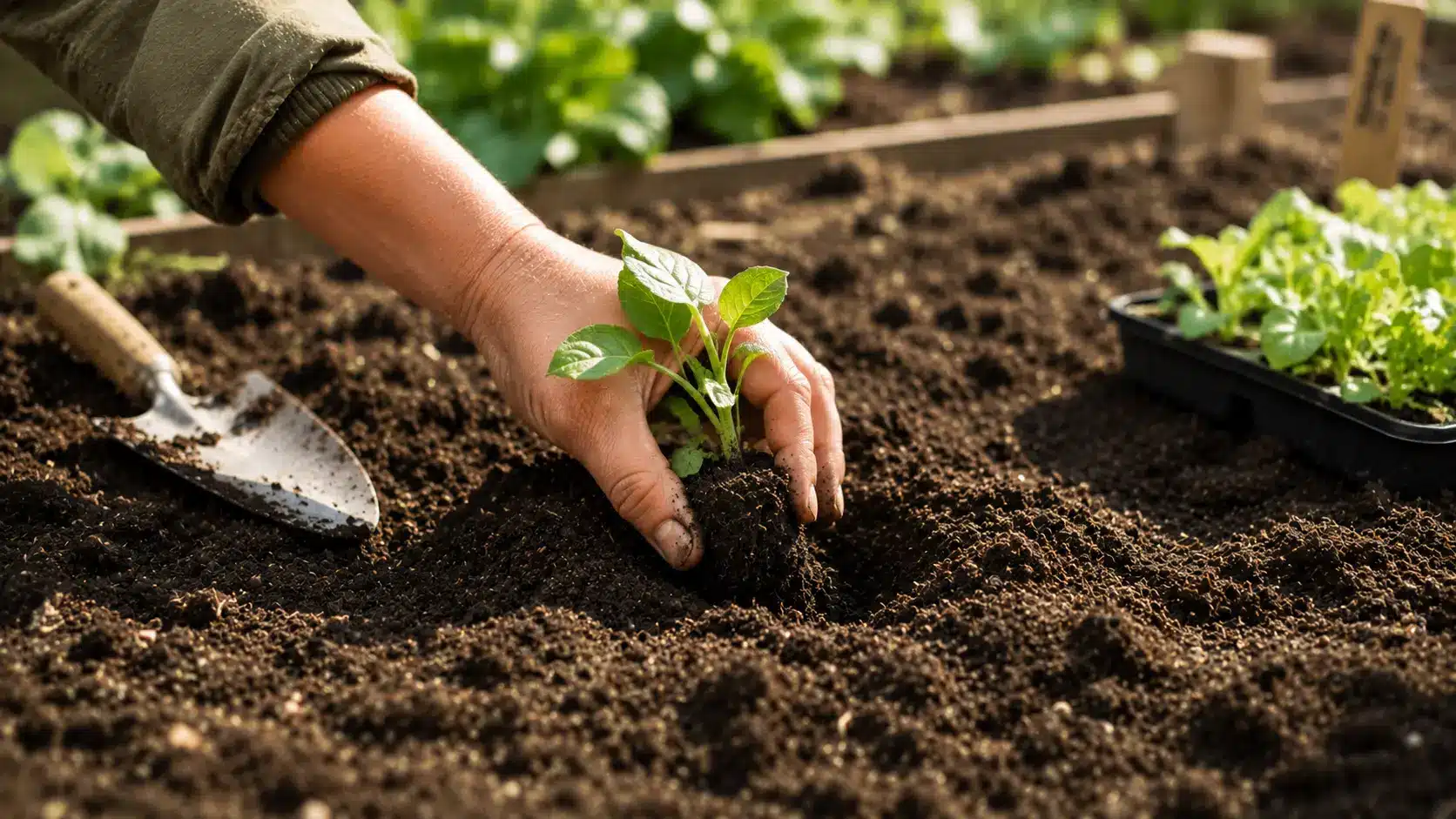 Main plantant un jeune plant dans un potager en octobre