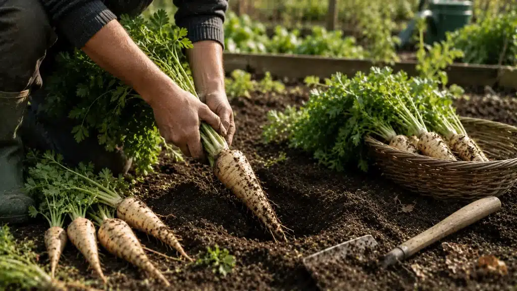 Récolte de panais frais au potager en novembre