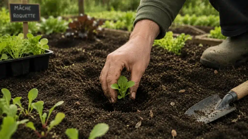 Main plantant un jeune plant dans un potager en décembre