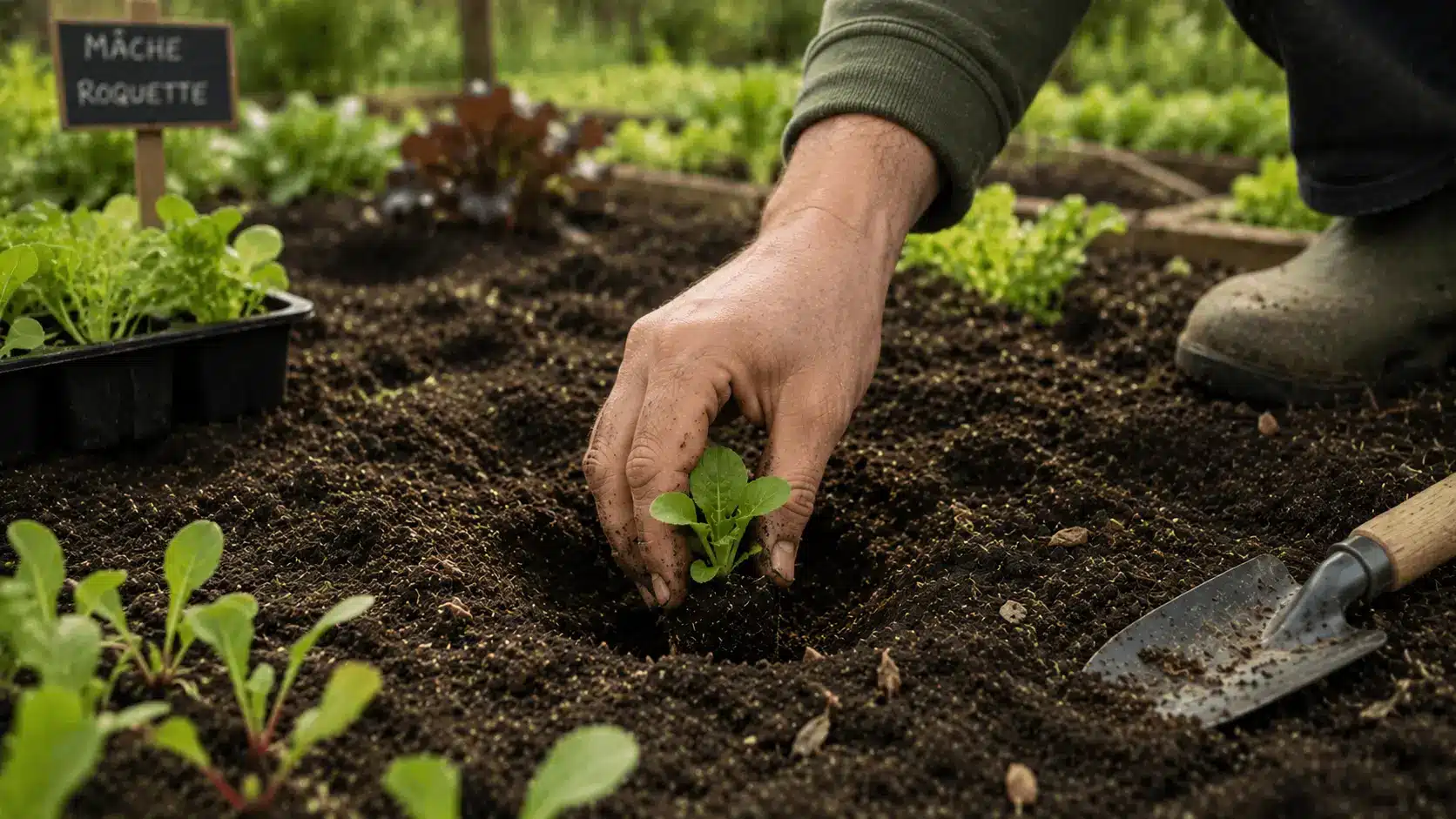 Main plantant un jeune plant dans un potager en décembre
