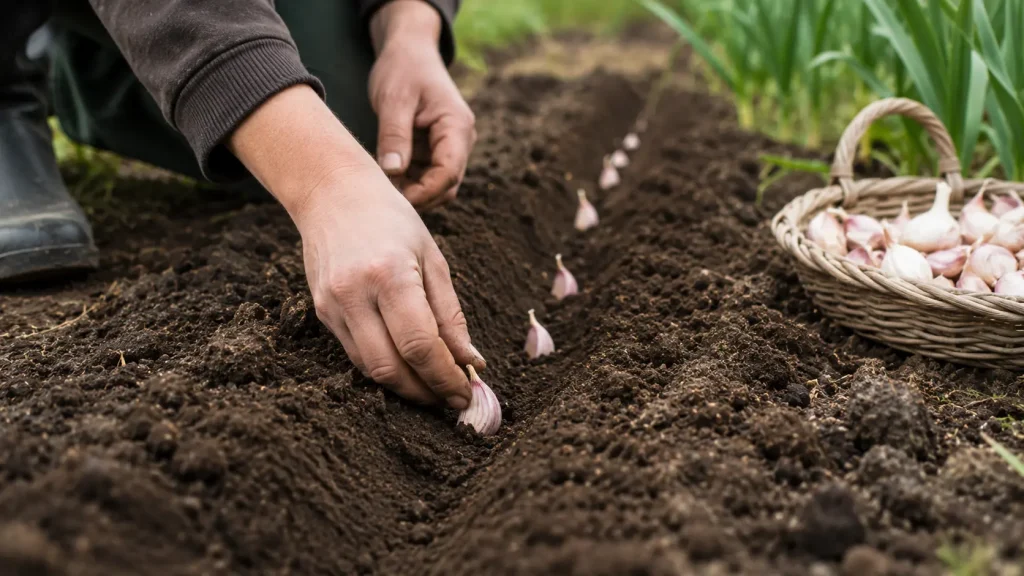 Jardinier plantant des caïeux d'ail de printemps au potager en janvier