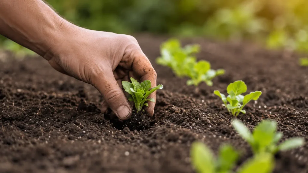Main plantant un jeune plant dans un potager en janvier