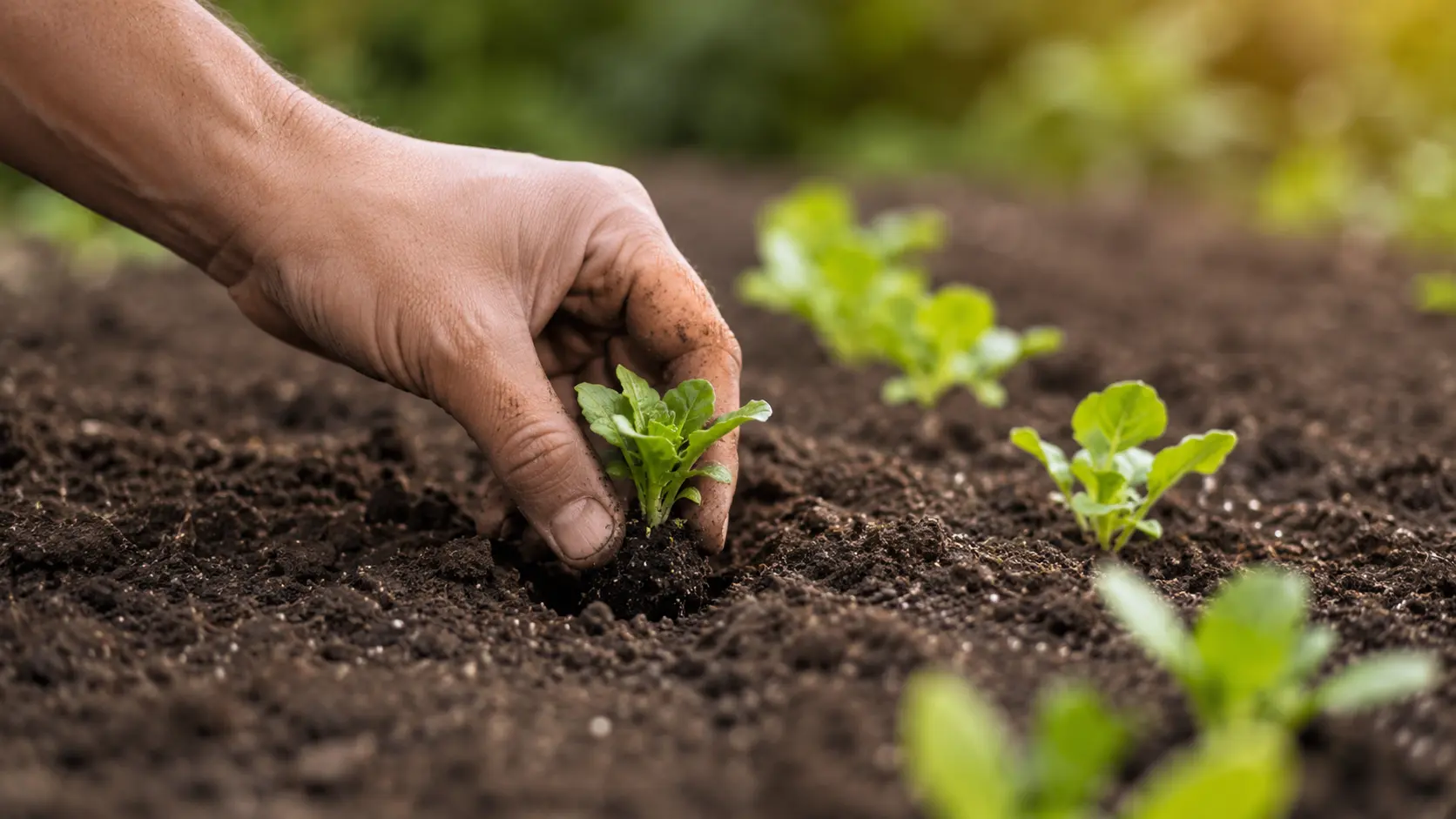 Main plantant un jeune plant dans un potager en janvier