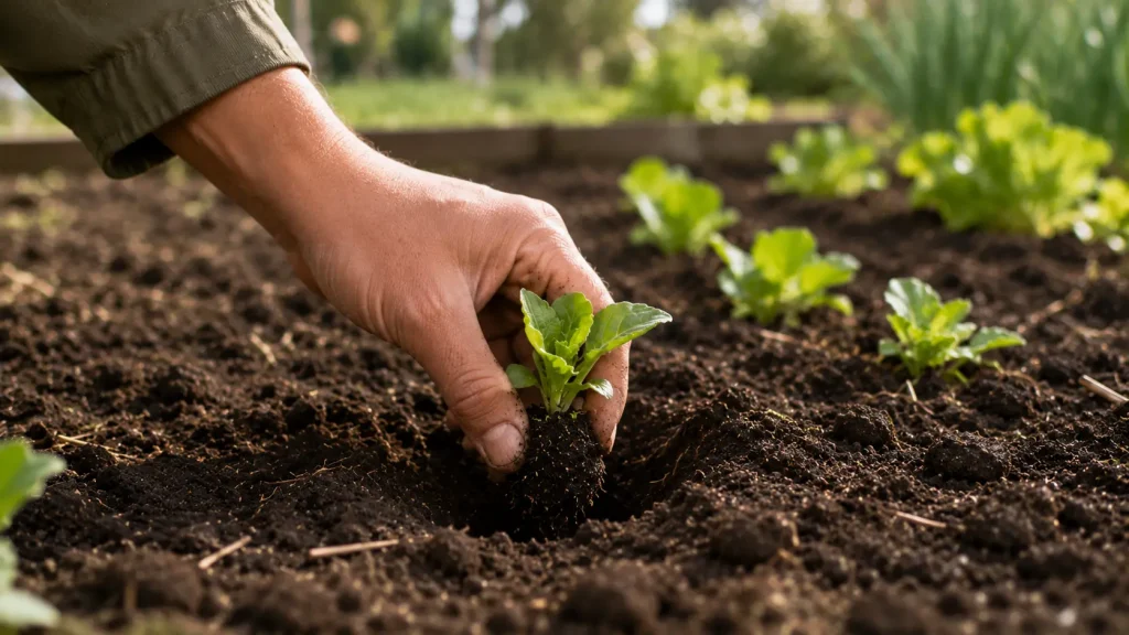 Main plantant un jeune plant dans le potager au mois de février