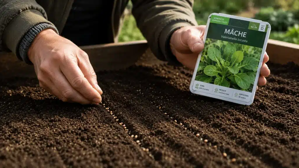 Personne semant des graines de mâche dans un potager en septembre
