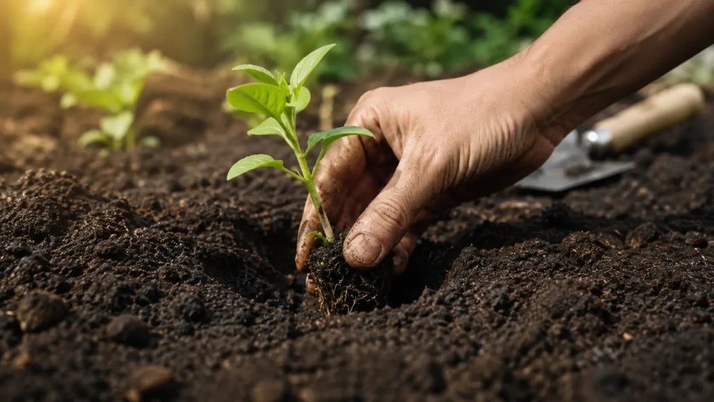 Main plantant un jeune plant dans un potager au mois de mars
