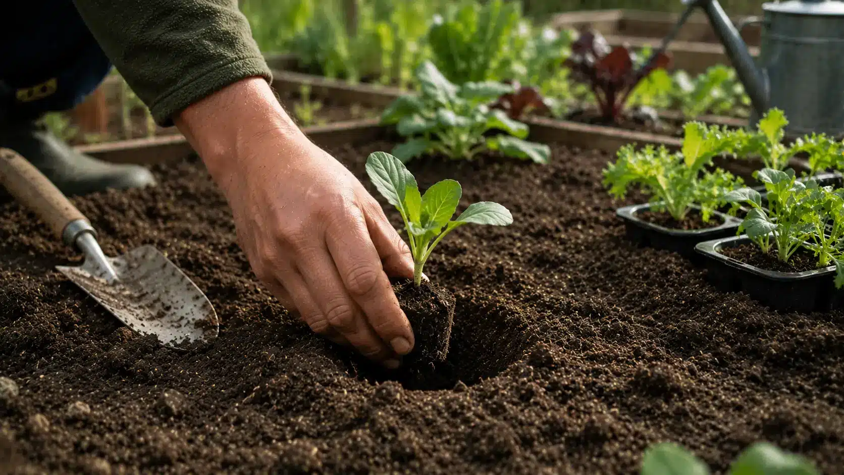 Main plantant un jeune plant dans un potager en novembre