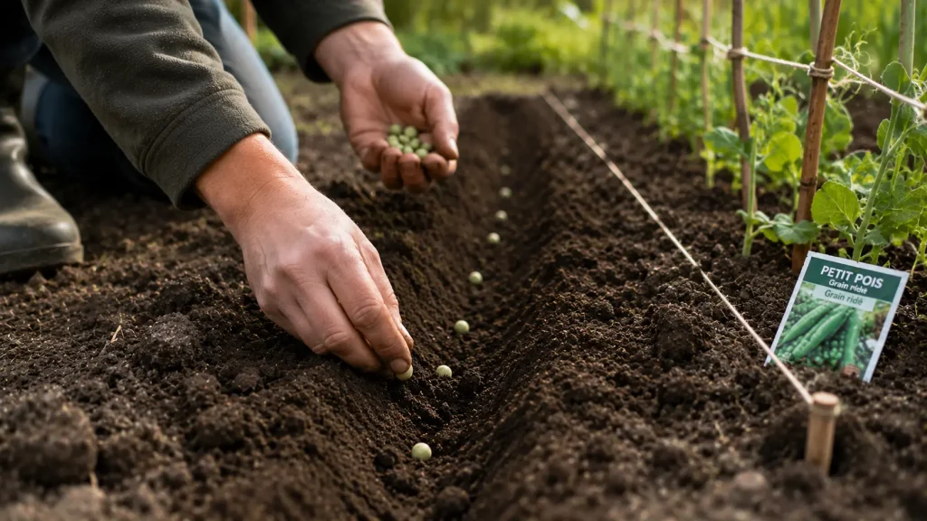 Jardinier semant des petits pois en pleine terre au potager en février