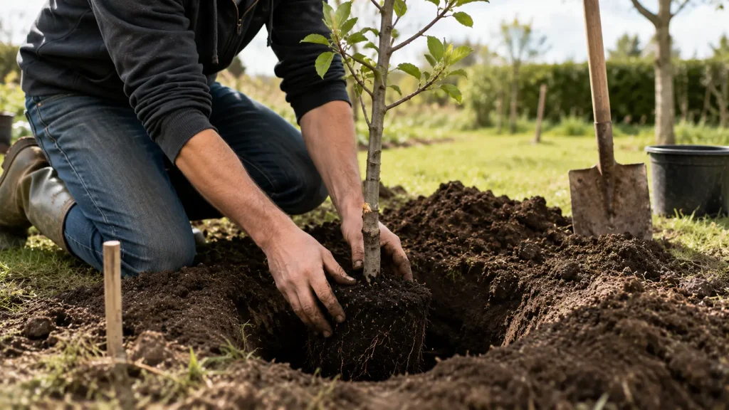 Plantation d'un jeune pommier dans le jardin au mois de janvier