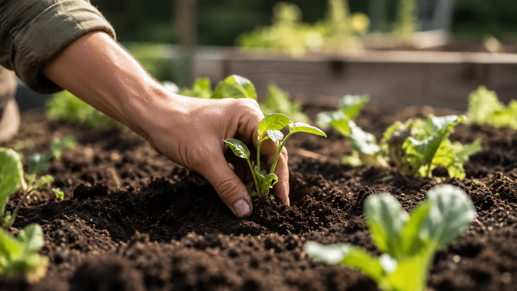 Main plantant un jeune plant dans un potager en pleine terre au mois de septembre