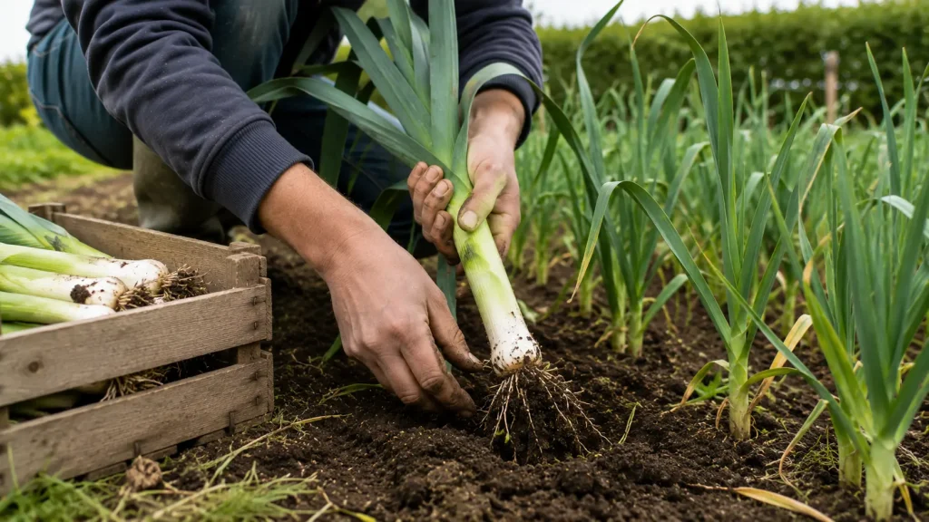 Récolte de poireaux mûrs dans un potager au mois de février