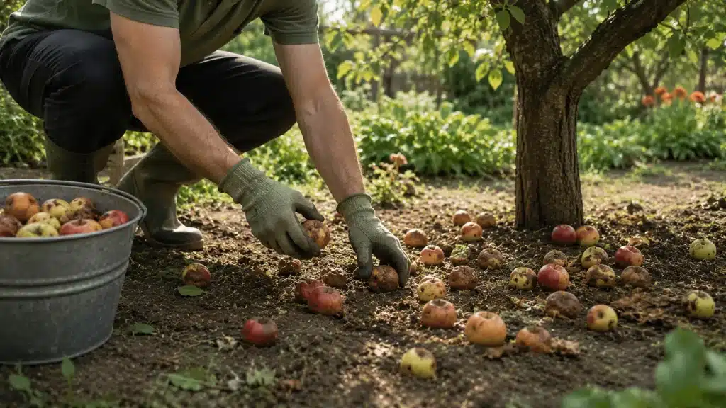 Ramassage des fruits tombés au sol dans un verger en octobre