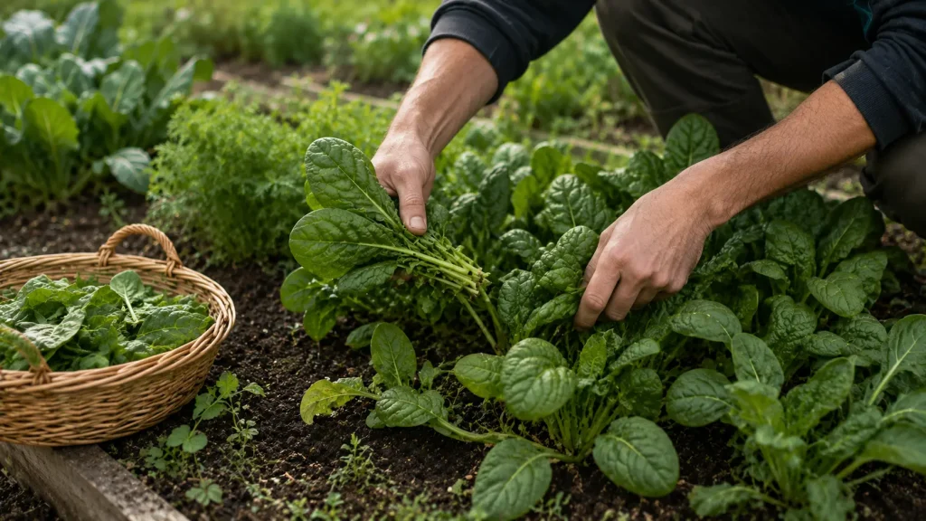 Récolte d'épinards frais au potager au mois de mars