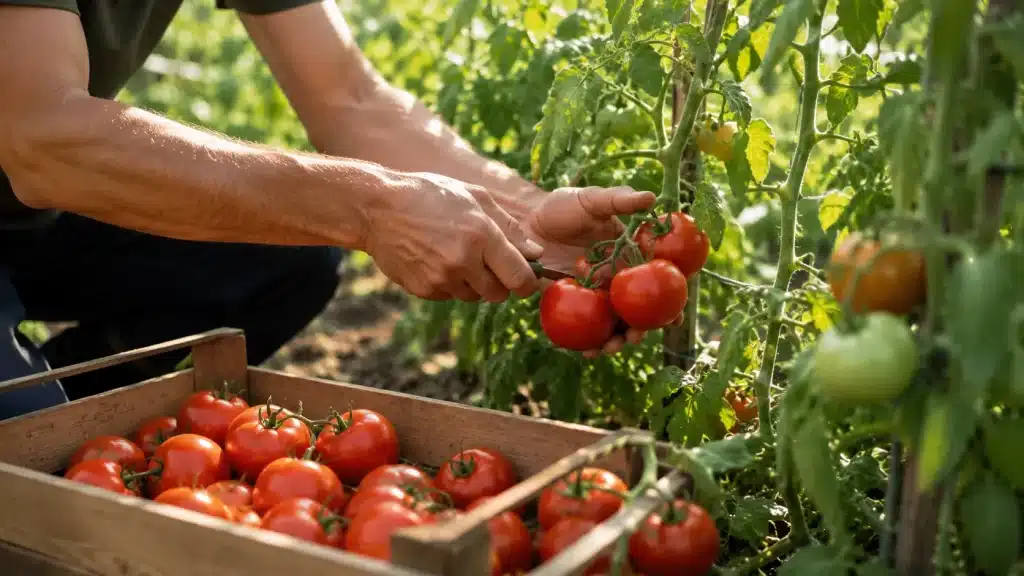 Personne récoltant des tomates mûres dans un potager