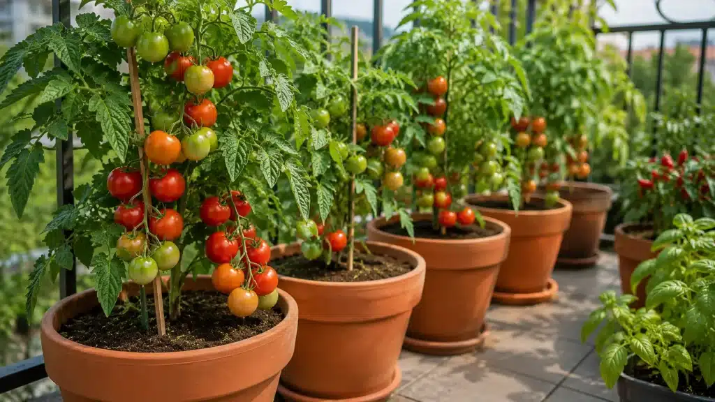 Plants de tomates cultivés en pots sur une terrasse avec de nombreux fruits en développement