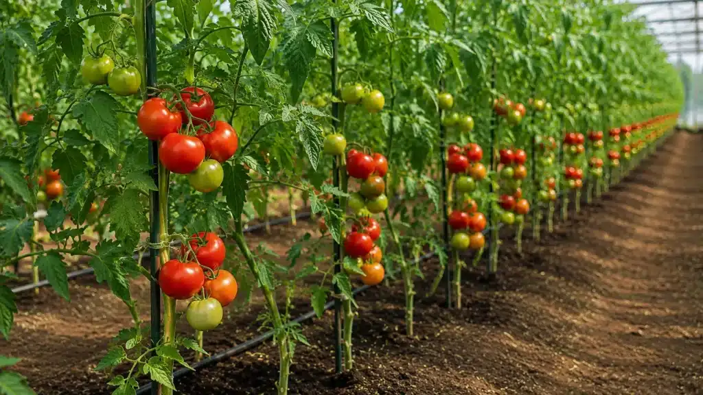 Rangs de plants de tomates en pleine croissance dans un potager bien entretenu