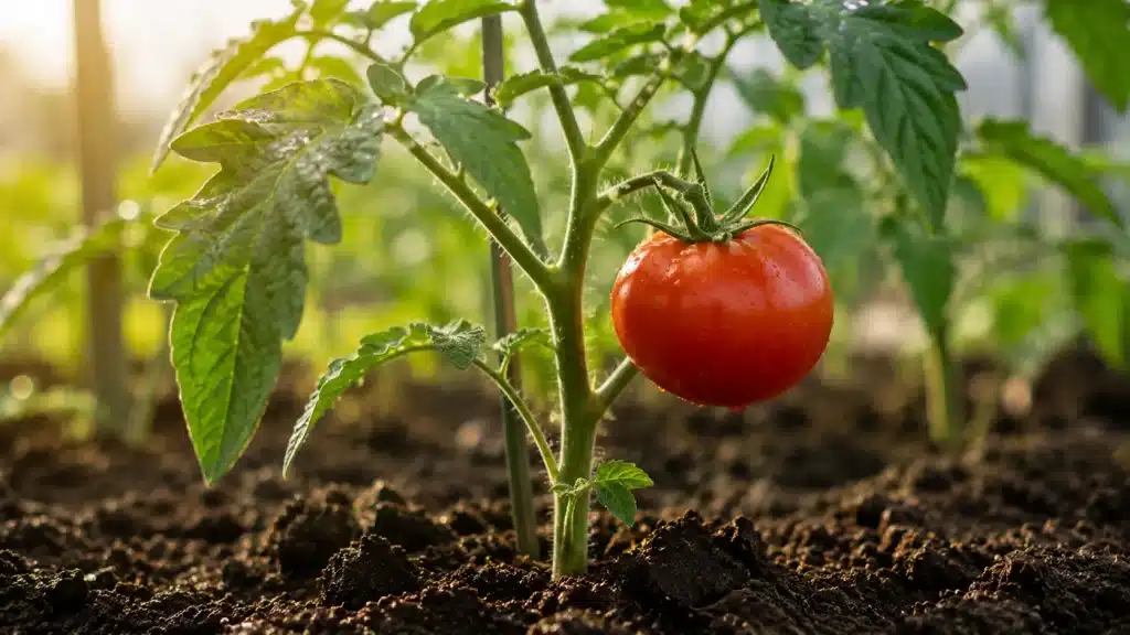 Tomate en cours de croissance sur son pied dans un potager ensoleillé