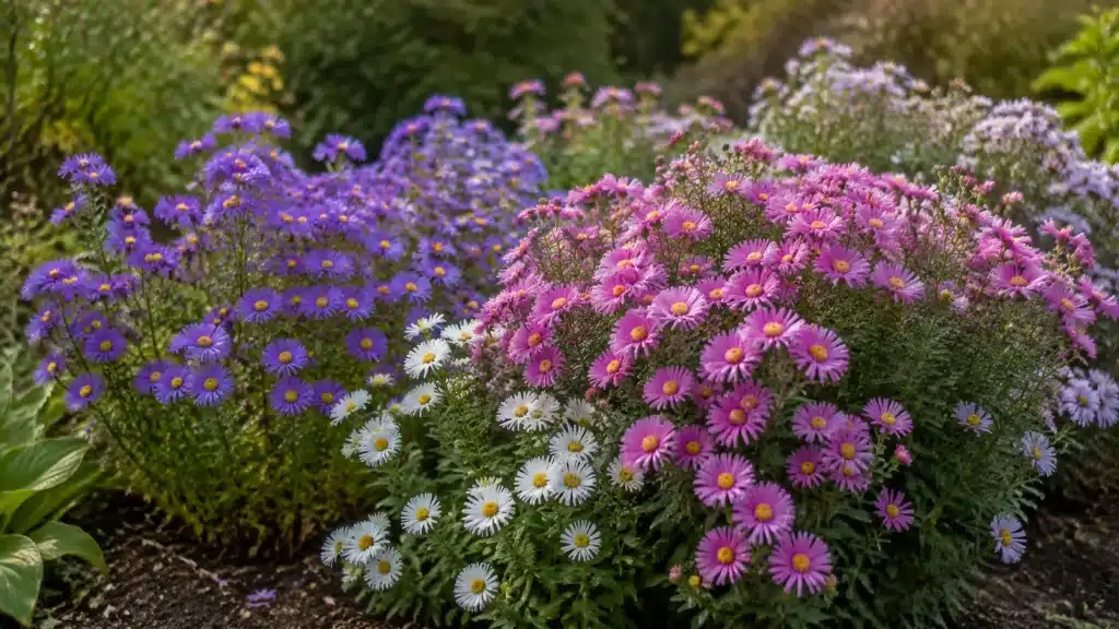 Asters violets, roses et blancs en fleurs au début de l’automne