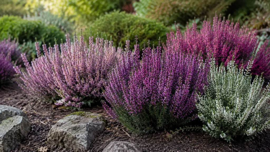 Bruyères roses, mauves et blanches fleuries dans un jardin