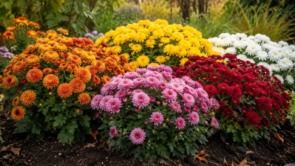Massif de chrysanthèmes colorés pour fleurir le jardin en automne