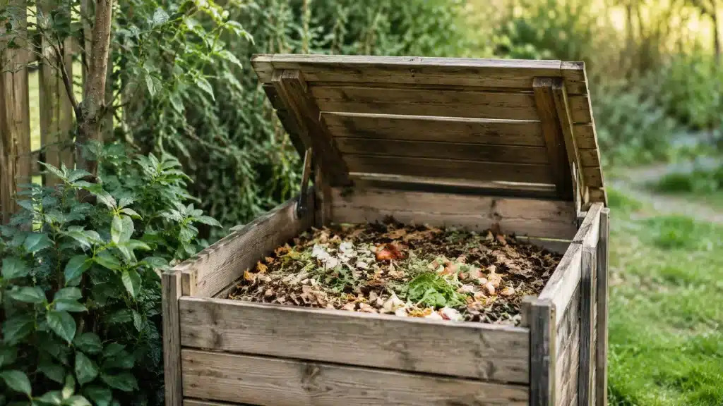 Bac à compost en bois installé dans un jardin