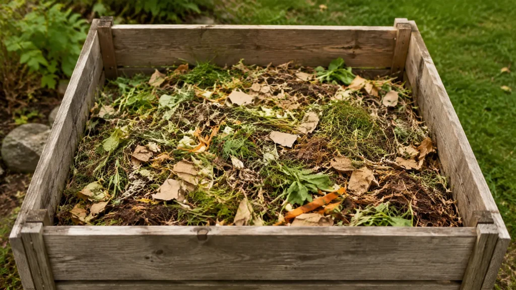 Mélange équilibré de matières vertes et brunes pour faire un compost