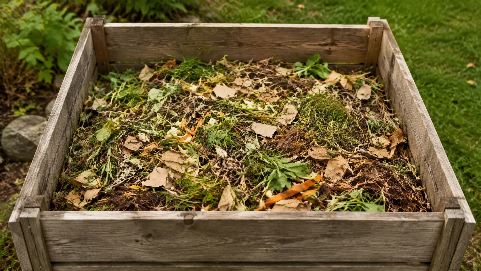 Mélange équilibré de matières vertes et brunes pour faire un compost
