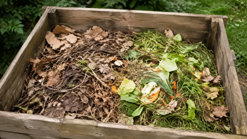 Matières sèches et humides disposées dans un bac à compost