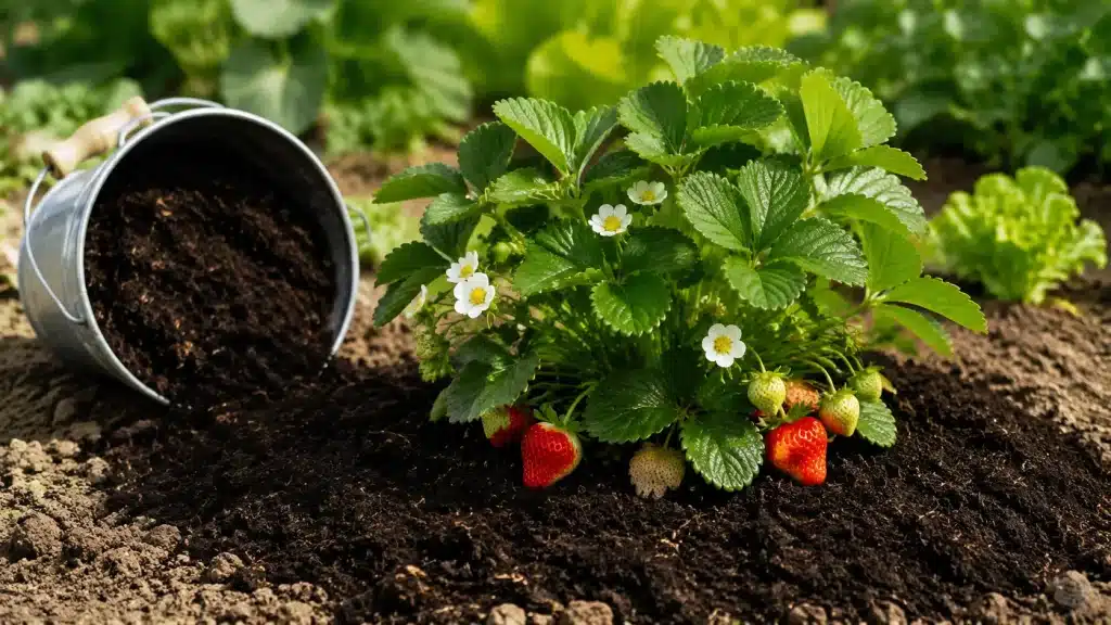Fraisier cultivé en pleine terre avec un apport de compost mûr