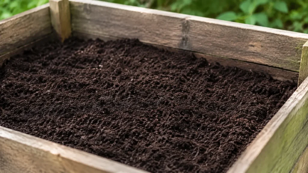 Compost mûr sombre et friable prêt à être utilisé au jardin