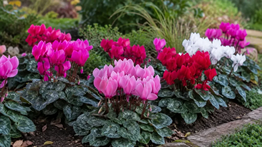 Cyclamens de Perse roses, rouges et blancs en massif