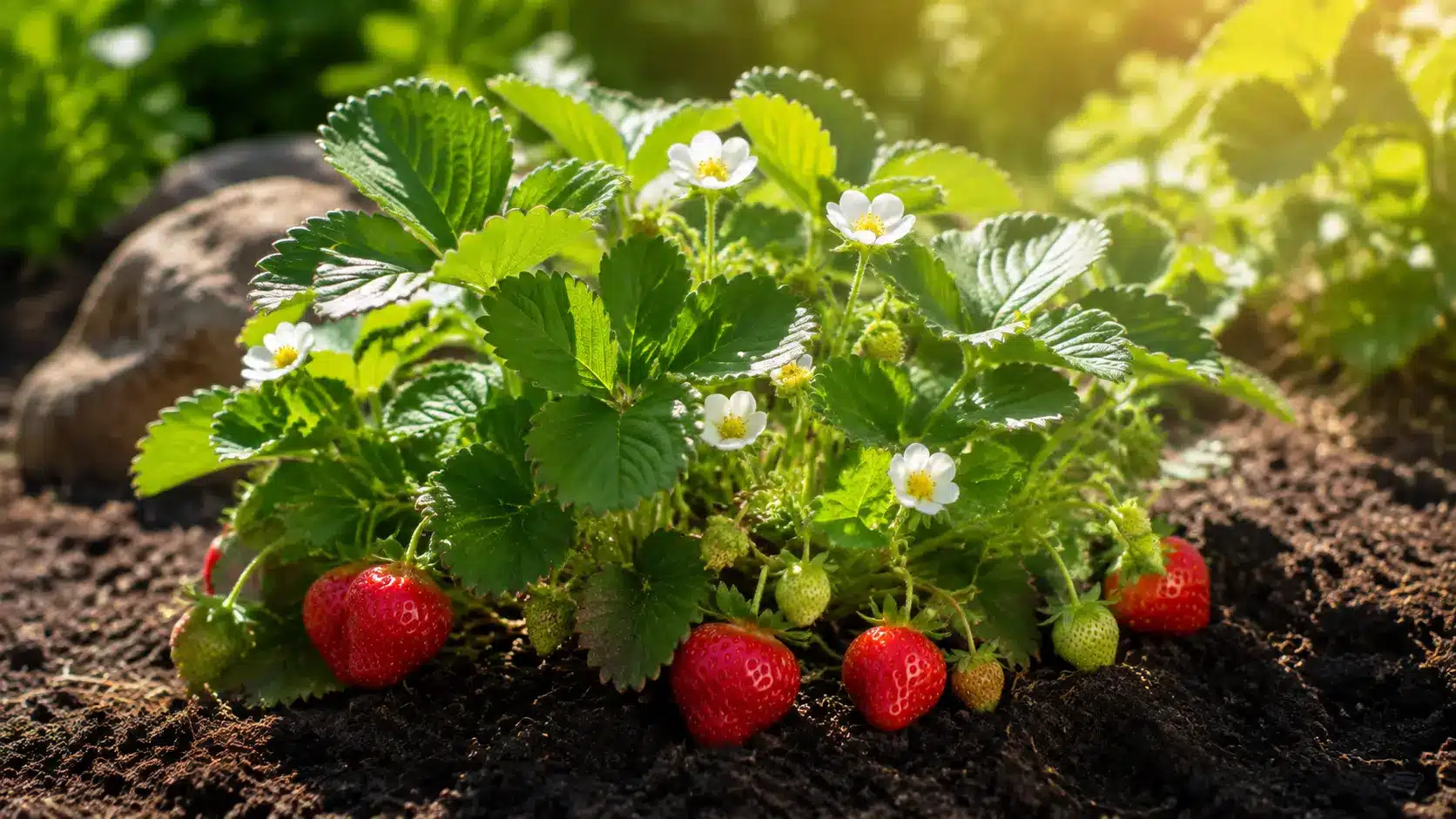 Fraisier en pleine lumière portant des fleurs et des fraises mûres