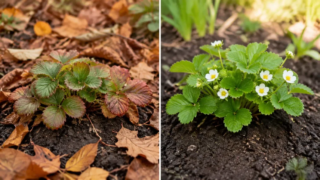 Comparaison d’un fraisier en automne et au printemps