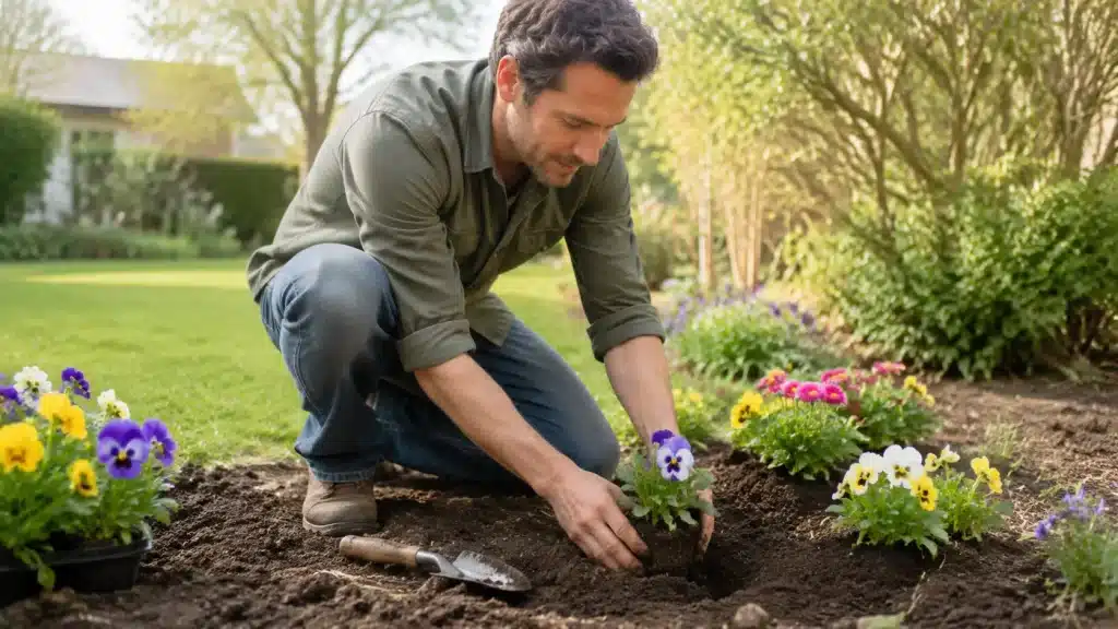 Homme plantant des fleurs dans son jardin en septembre