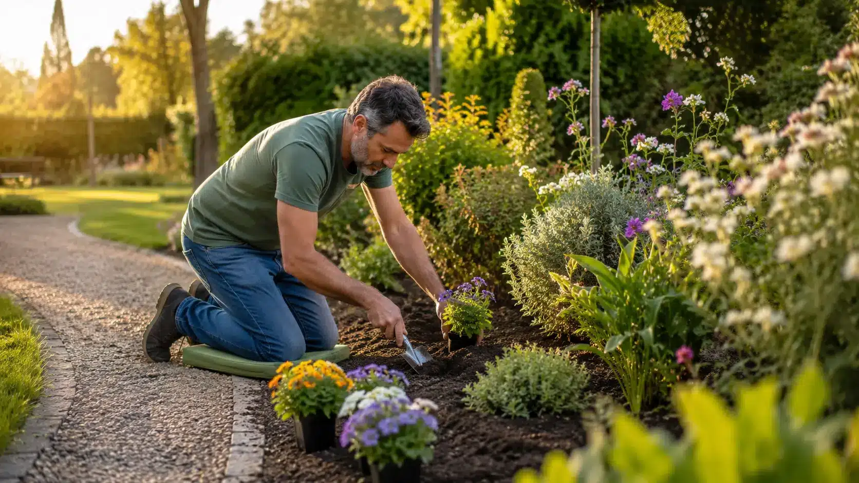 Jardinier installant de nouvelles fleurs dans un massif en septembre