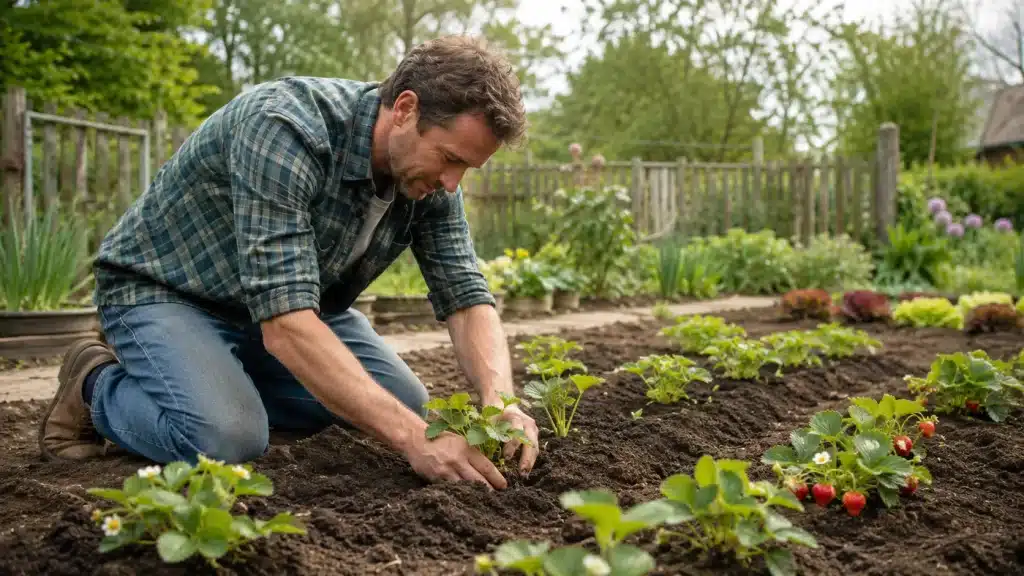 Homme plantant des fraisiers en pleine terre dans son potager