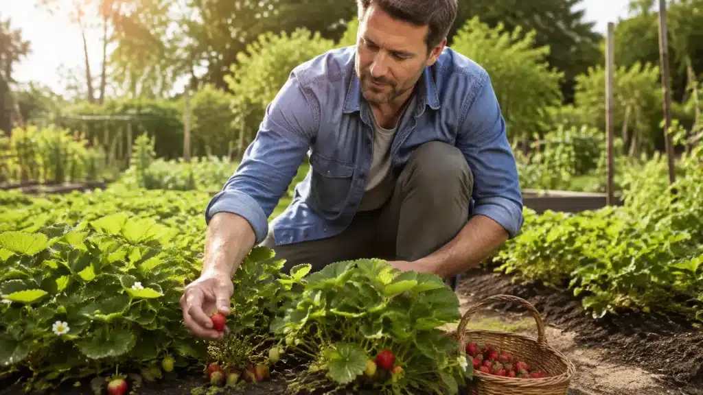 Homme récoltant des fraises mûres dans son potager