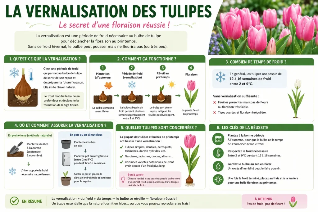 Infographie expliquant la vernalisation des tulipes avant la floraison