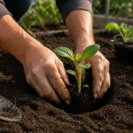 Main qui plante un jeune plant dans un potager au mois d’août