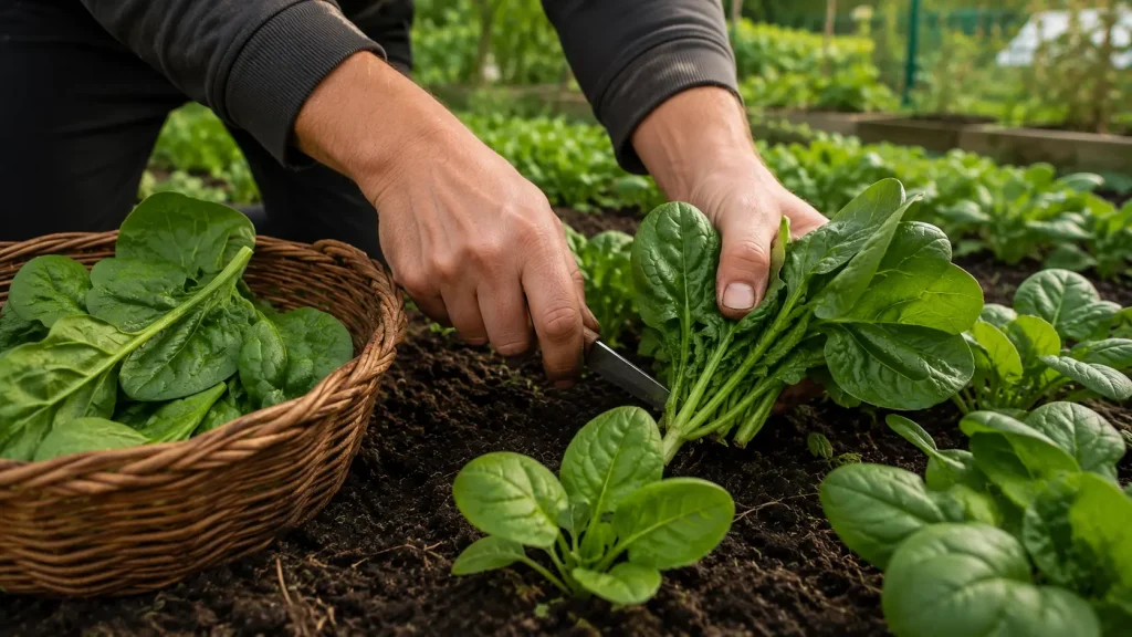 Récolte d’épinards frais dans un potager au printemps en avril
