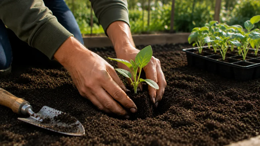 Main qui plante un jeune plant dans un potager pendant le mois de juillet