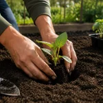 Main qui plante un jeune plant dans un potager pendant le mois de juillet