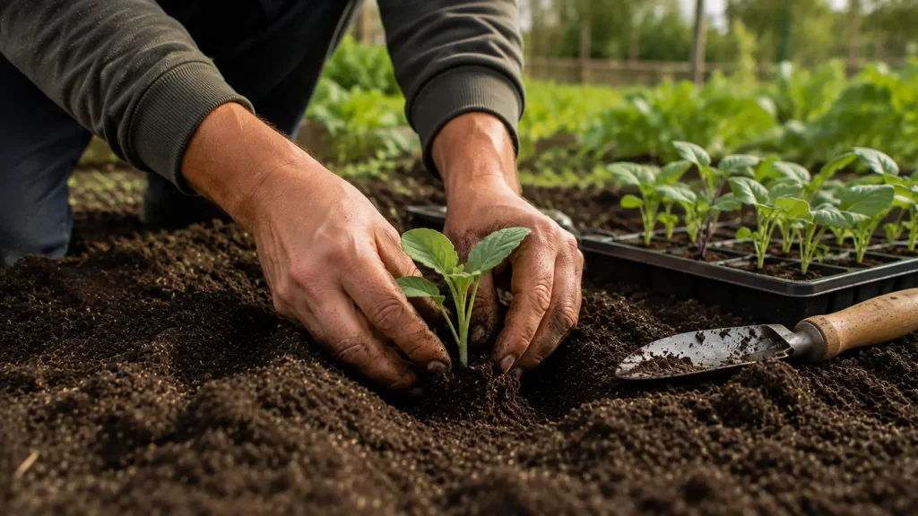 Main qui plante un jeune plant de légumes dans un potager en juin